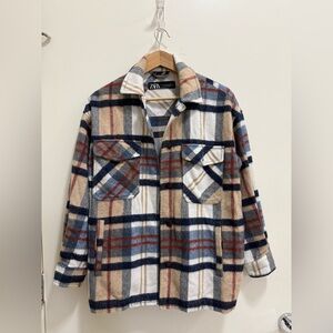 Zara Neutral Plaid Button-Front Jacket with Navy Accents